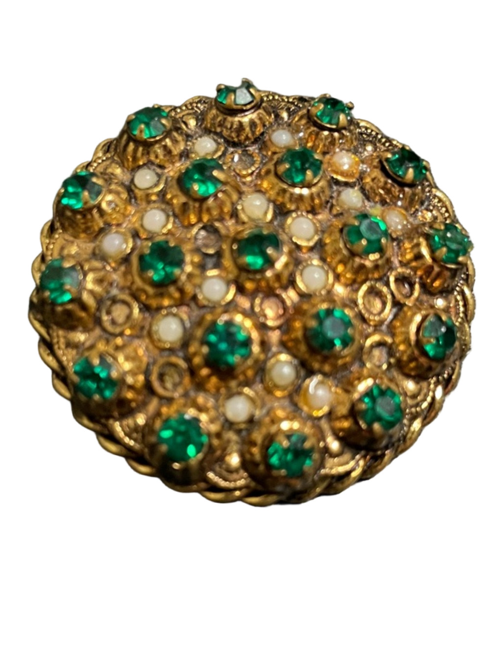 Azub Austria Signed Gold-Tone Brooch with Green Rhinestones and Pearl Accents